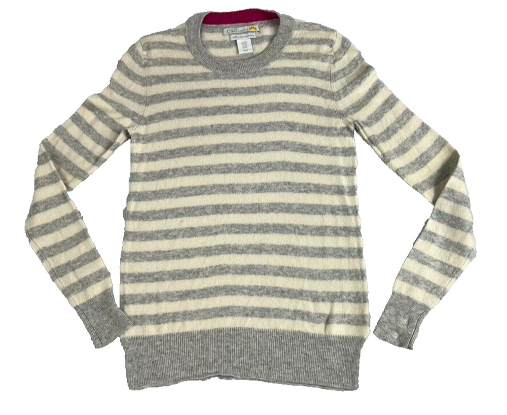 C&C California Sweater Womens XS 100% 2-ply Cashmere Gray Cream Striped